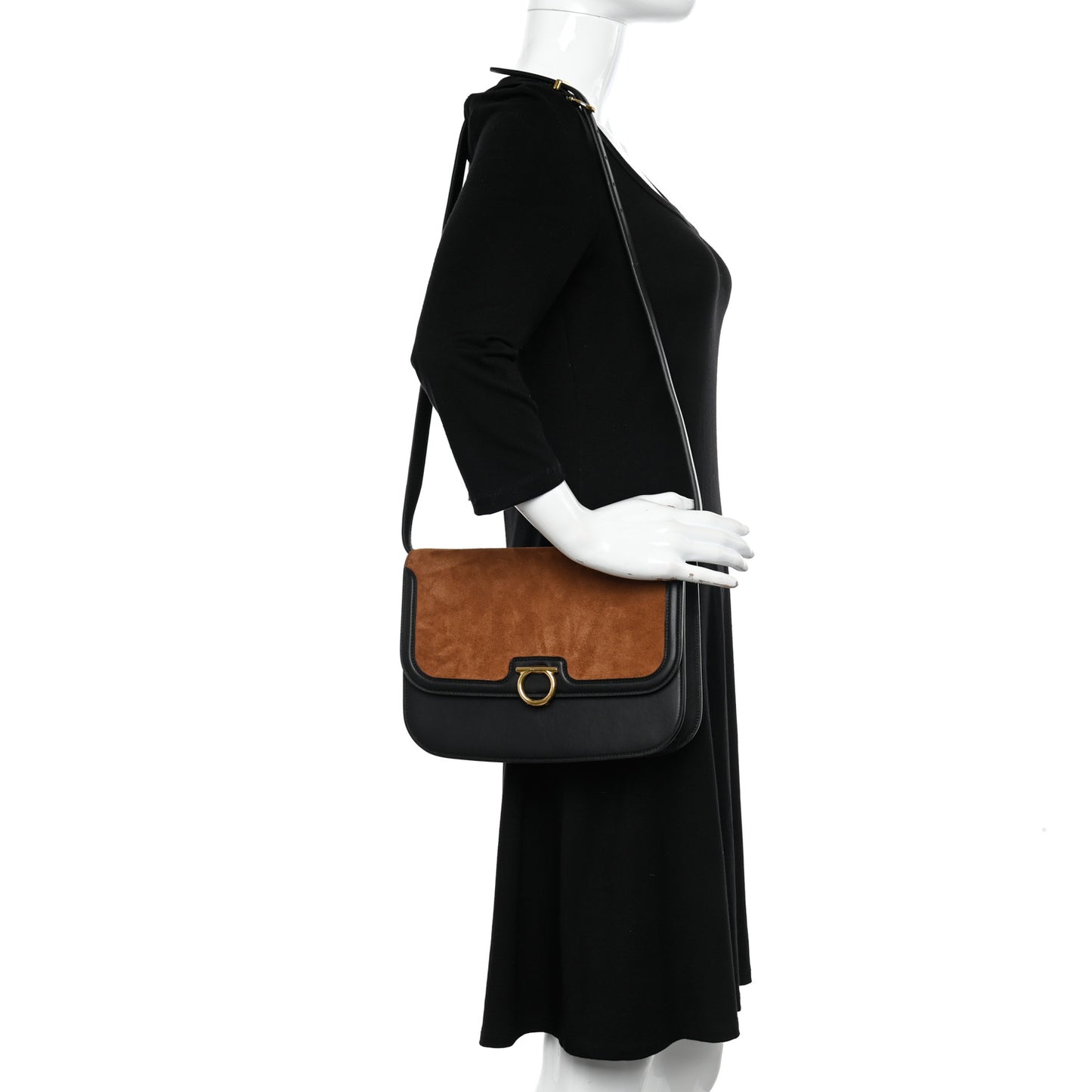 Calfskin Suede Gancini Rounded Satchel Black Tan