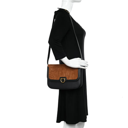 Salvatore Ferragamo Calfskin Suede Gancini Rounded Satchel Black Tan 2 of 11