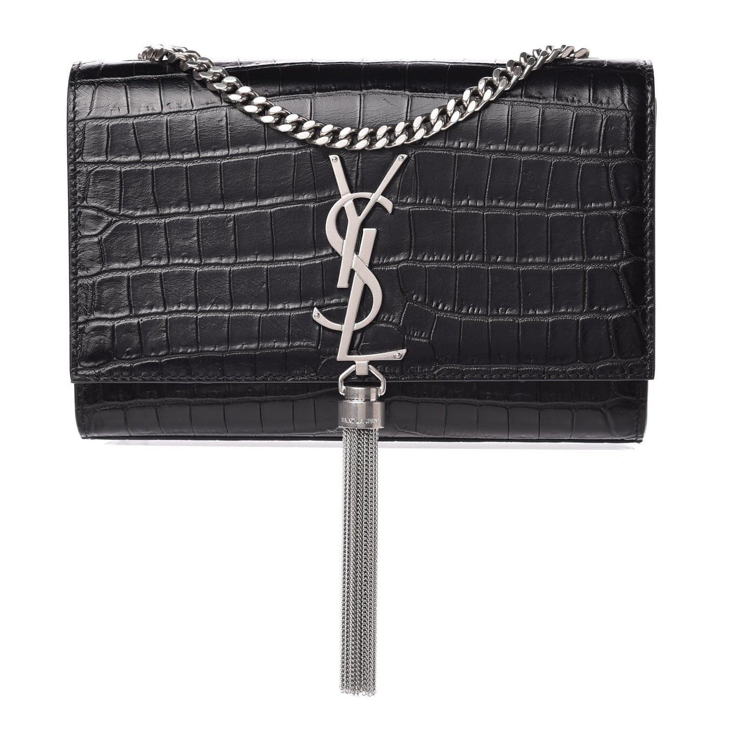 Calfskin Crocodile Embossed Small Classic Monogram Kate Tassel Satchel Black