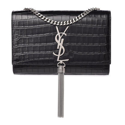 Saint Laurent Calfskin Crocodile Embossed Small Classic Monogram Kate Tassel Satchel Black 1 of 9