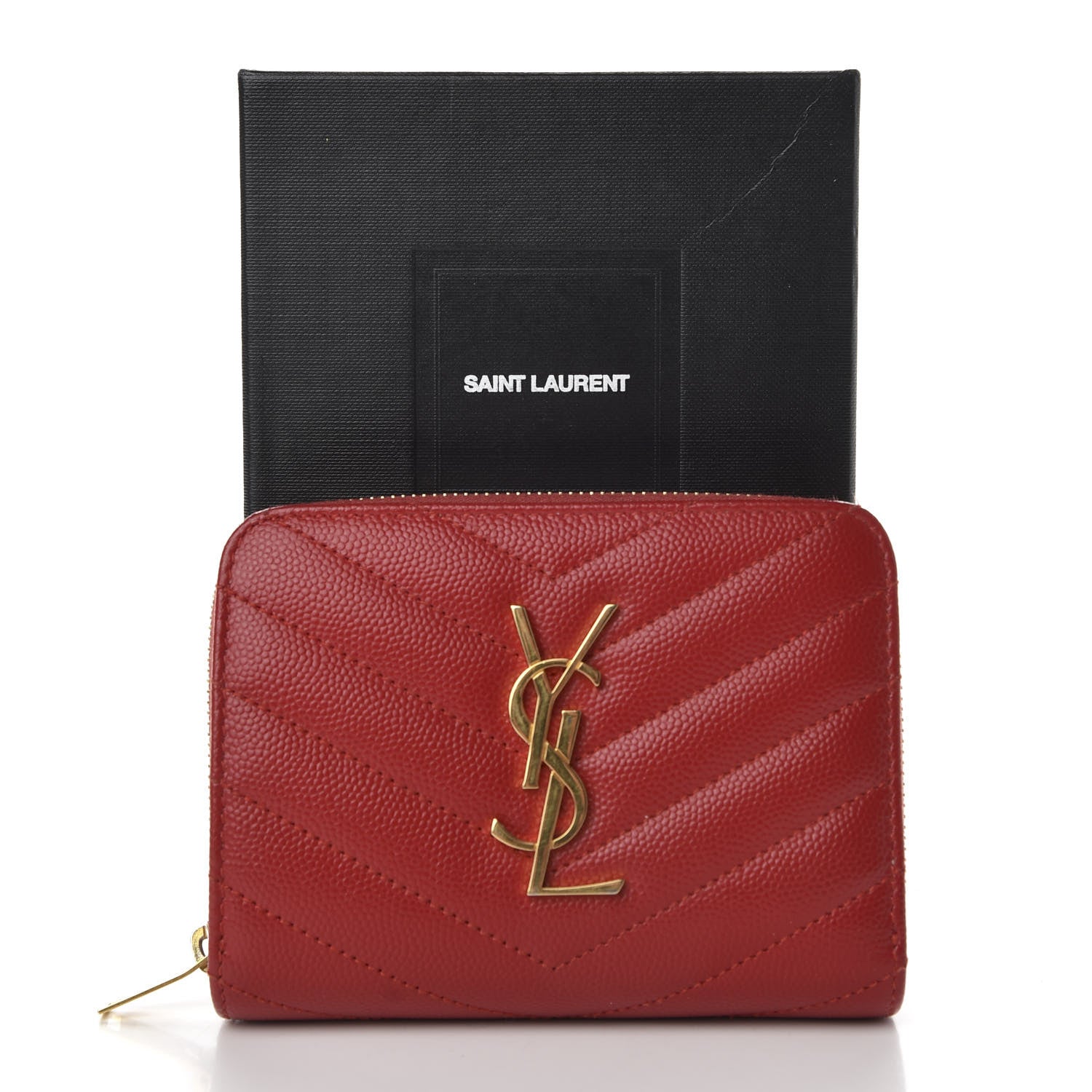 Saint Laurent Grain De Poudre Matelasse Chevron Monogram Compact Zip Around Wallet Red 8 of 8