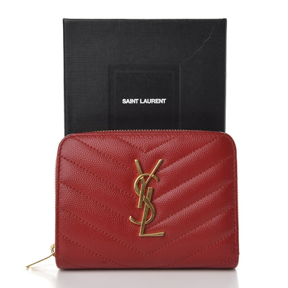 Saint Laurent Grain De Poudre Matelasse Chevron Monogram Compact Zip Around Wallet Red 8 of 8