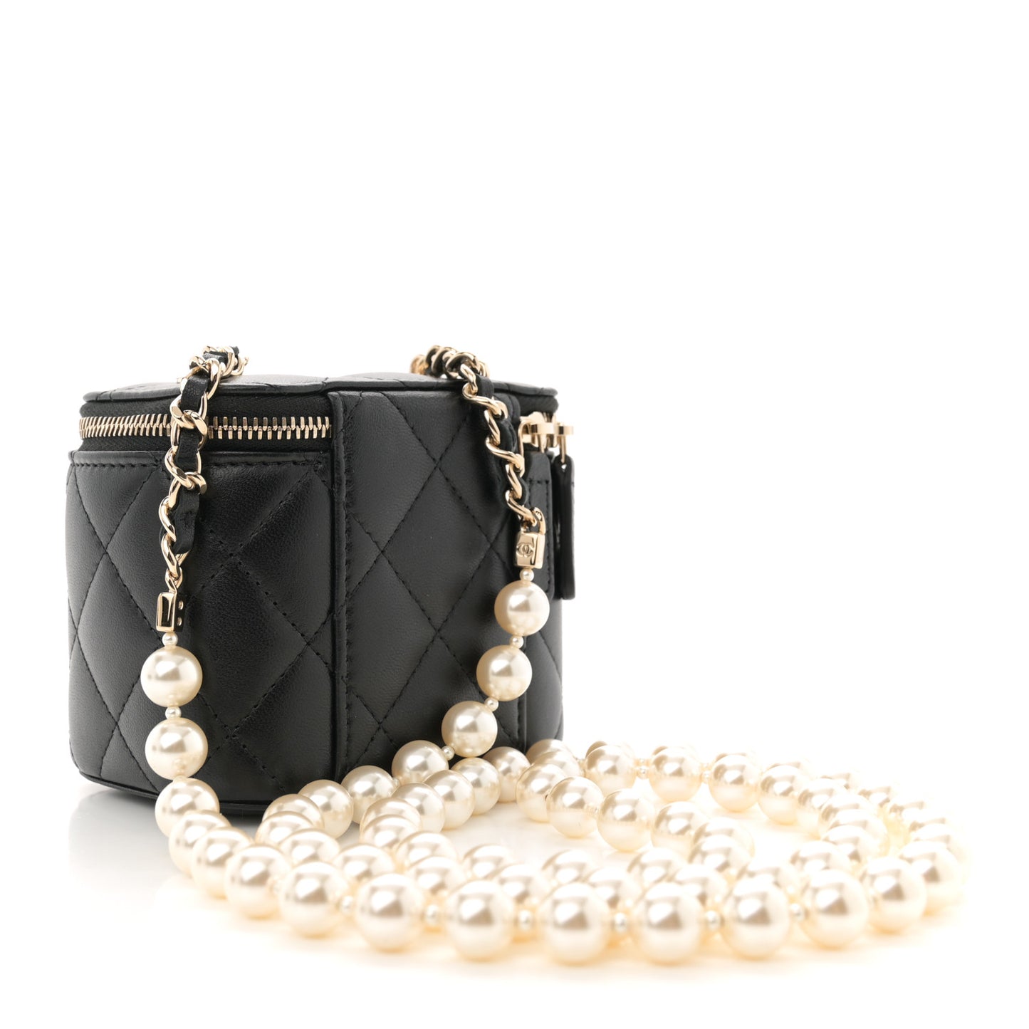 Lambskin Quilted Mini Vanity Case With Pearl Chain Black