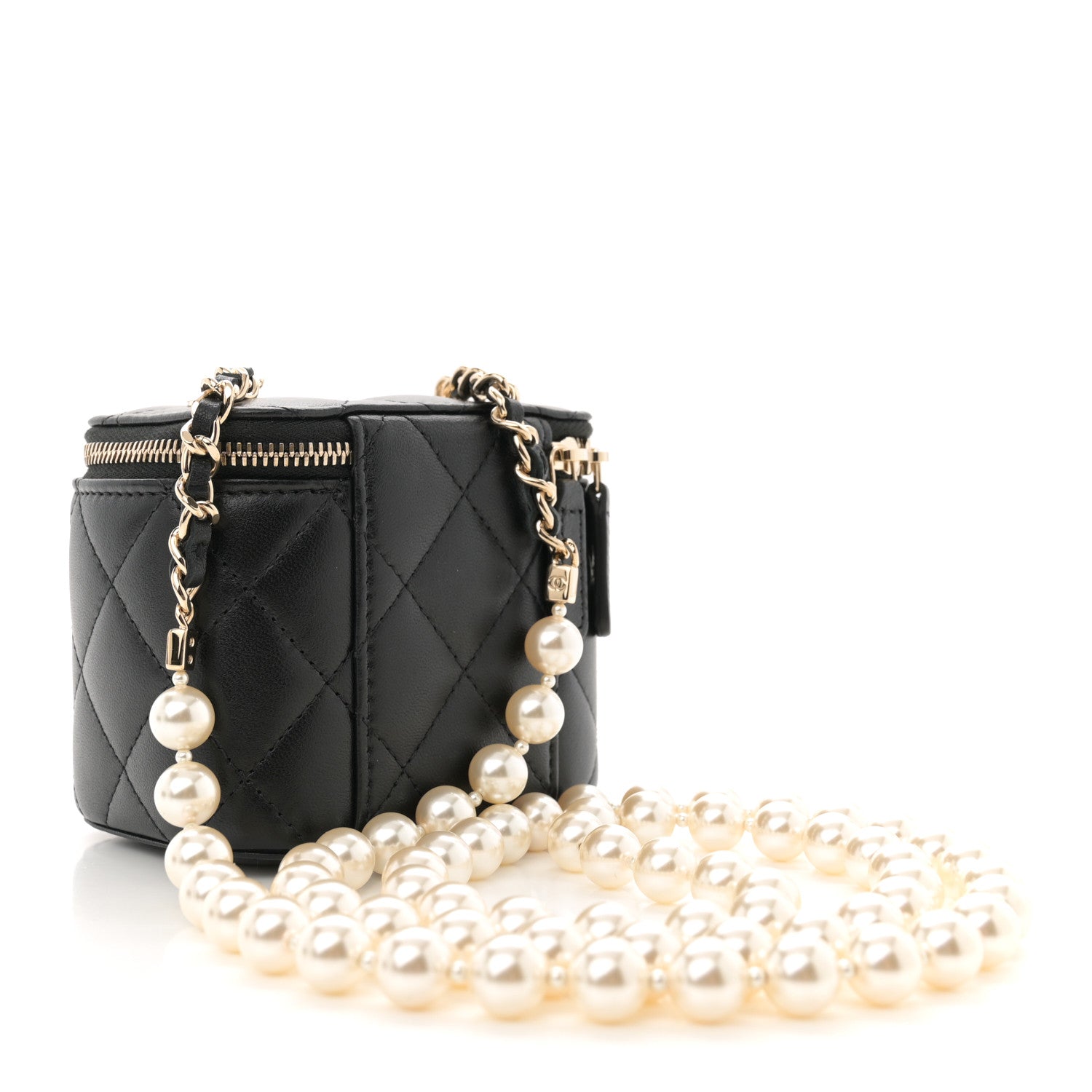 Chanel Lambskin Quilted Mini Vanity Case With Pearl Chain Black 3 of 11