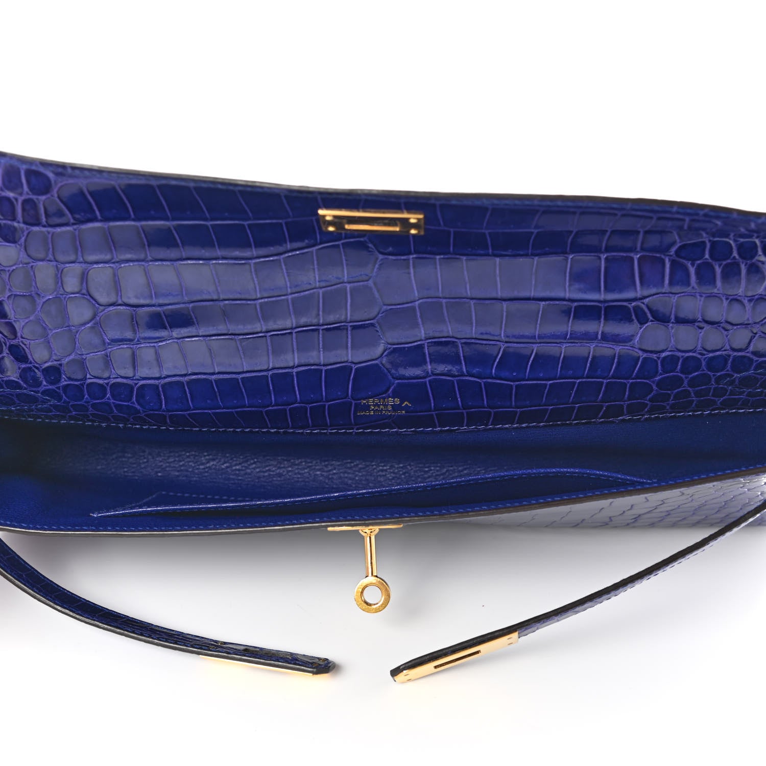 Hermes Shiny Porosus Crocodile Kelly Cut Pochette Bleu Electrique 5 of 7