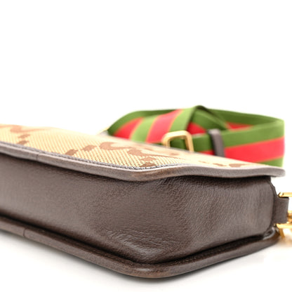 Gucci Monogram Jumbo GG Textured Dollar Calfskin Web Mini Crossbody Bag Camel Ebony New Acero 9 of 11