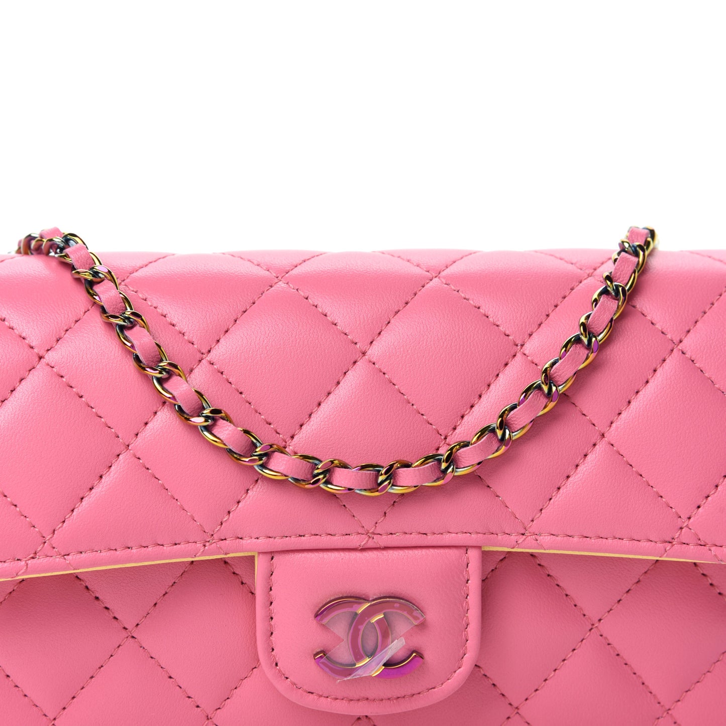 Lambskin Quilted Glasses Case With Chain Pink Yellow