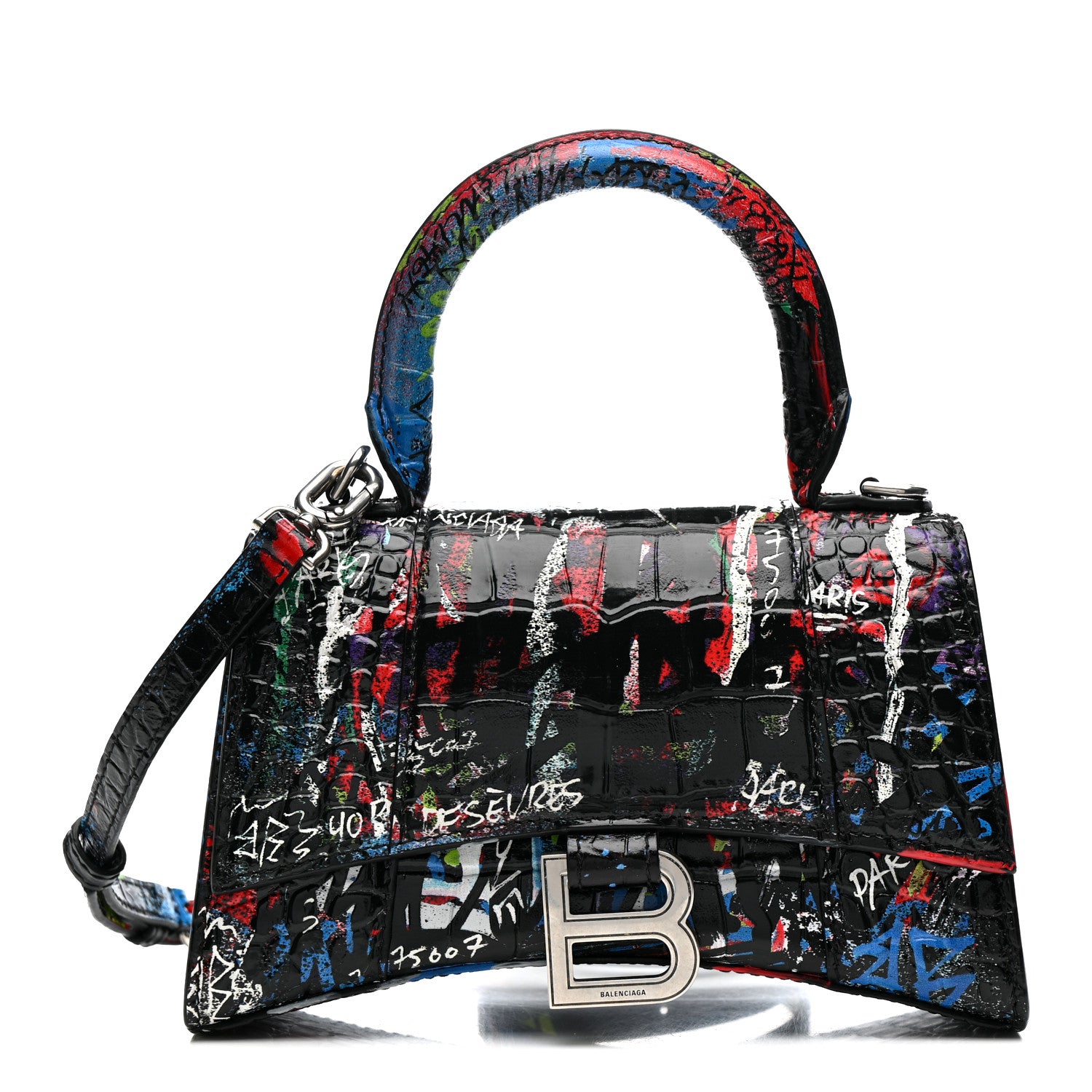 Balenciaga Calfskin Graffiti Crocodile Embossed Hourglass Top Handle Bag XS Black Multicolor 1 of 11