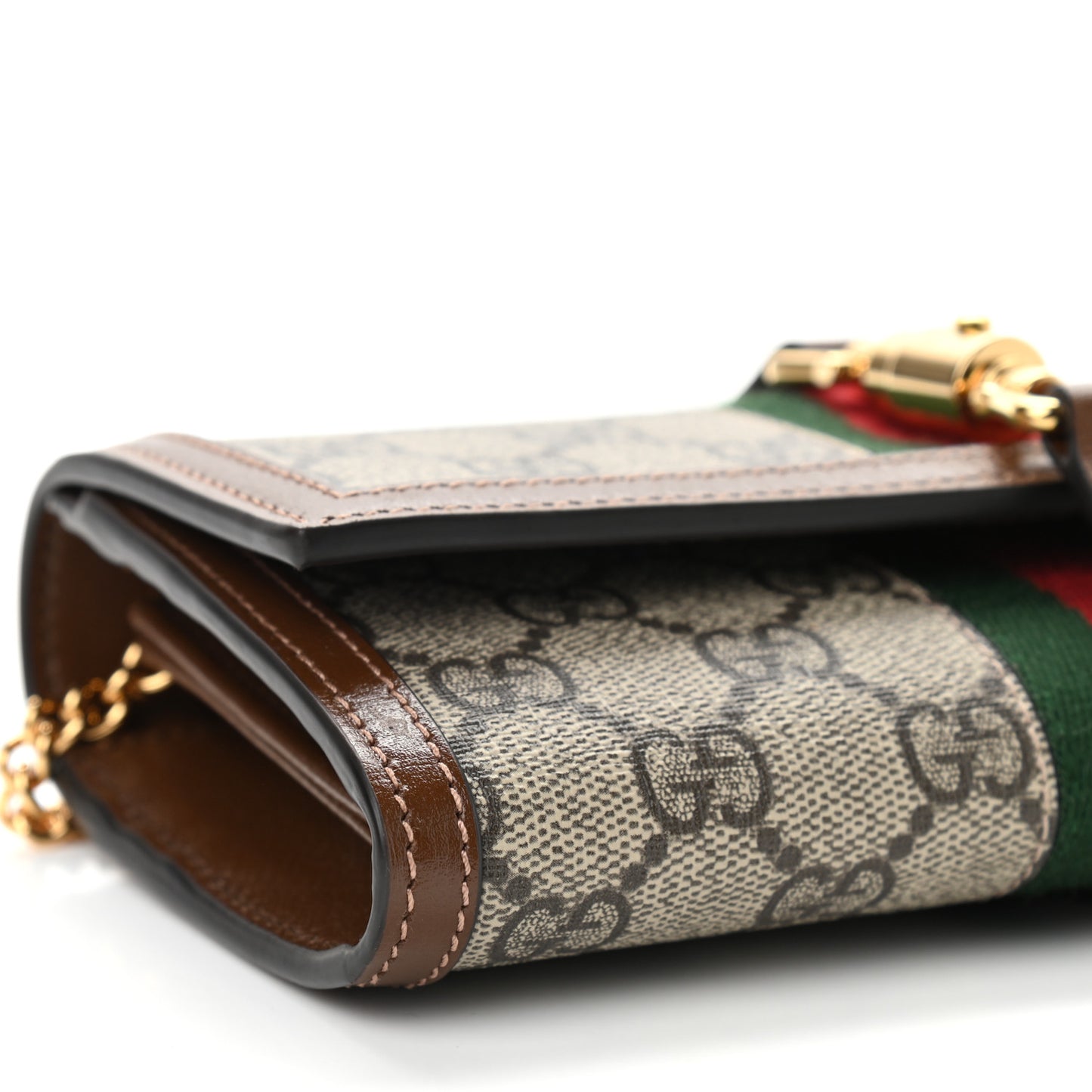 GG Supreme Monogram Azalea Calfskin Web Jackie 1961 Chain Wallet Beige Ebony Brown Sugar