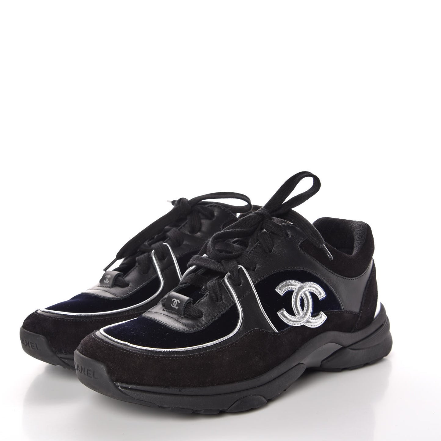 Suede Velvet Lambskin CC Sneakers 37 Black Blue Silver