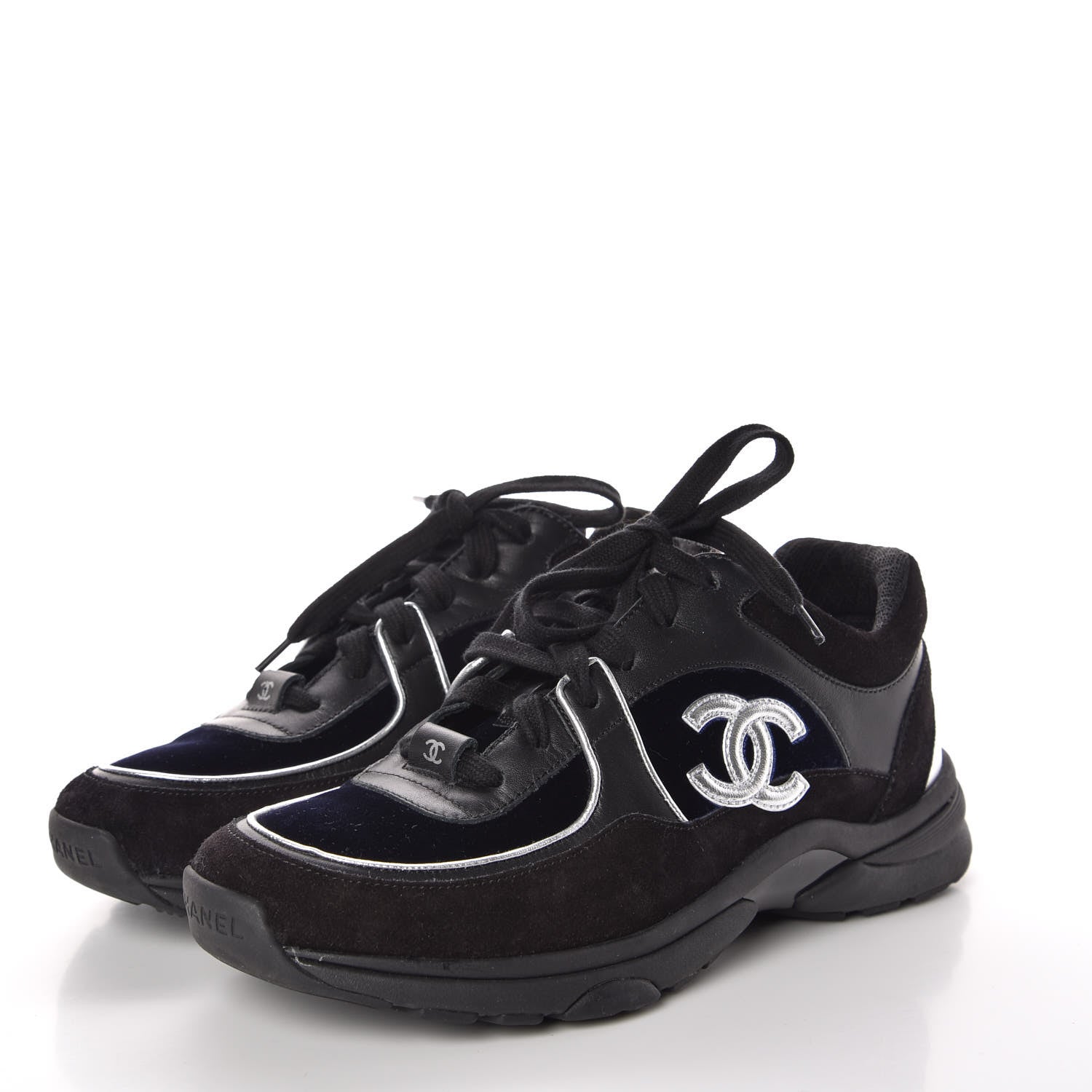 Chanel Suede Velvet Lambskin CC Sneakers 37 Black Blue Silver 3 of 8