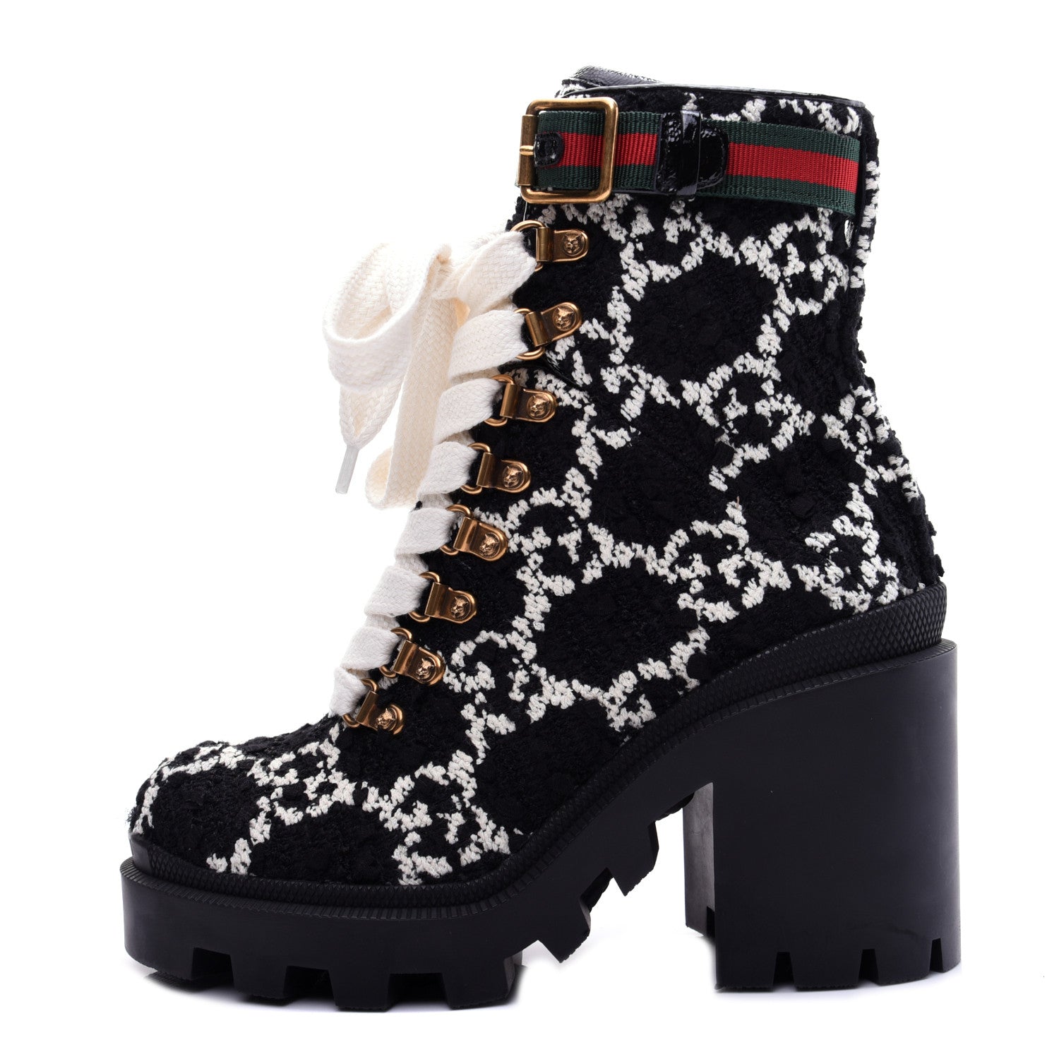 Gucci Tweed GG Monogram Lace Up Combat Ankle Boots 35 Black 1 of 15