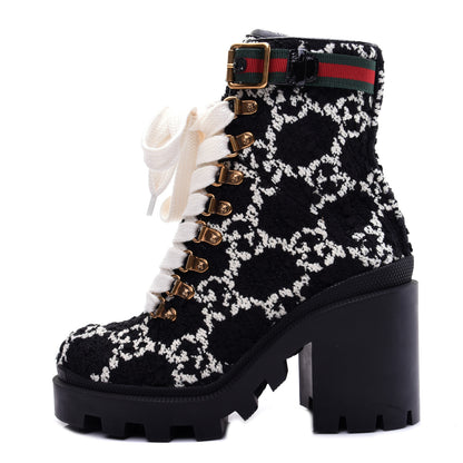 Gucci Tweed GG Monogram Lace Up Combat Ankle Boots 35 Black 1 of 15