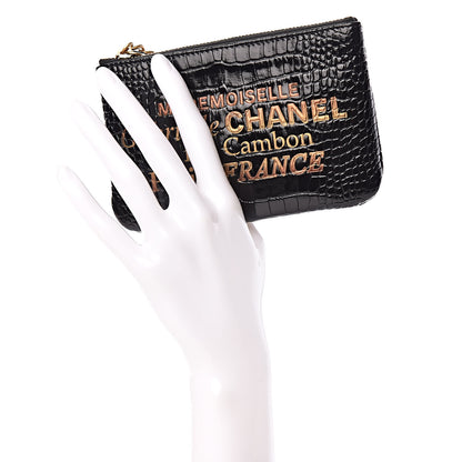 Chanel Calfskin Crocodile Embossed Cocodile Cosmetic Case Black Gold 2 of 7