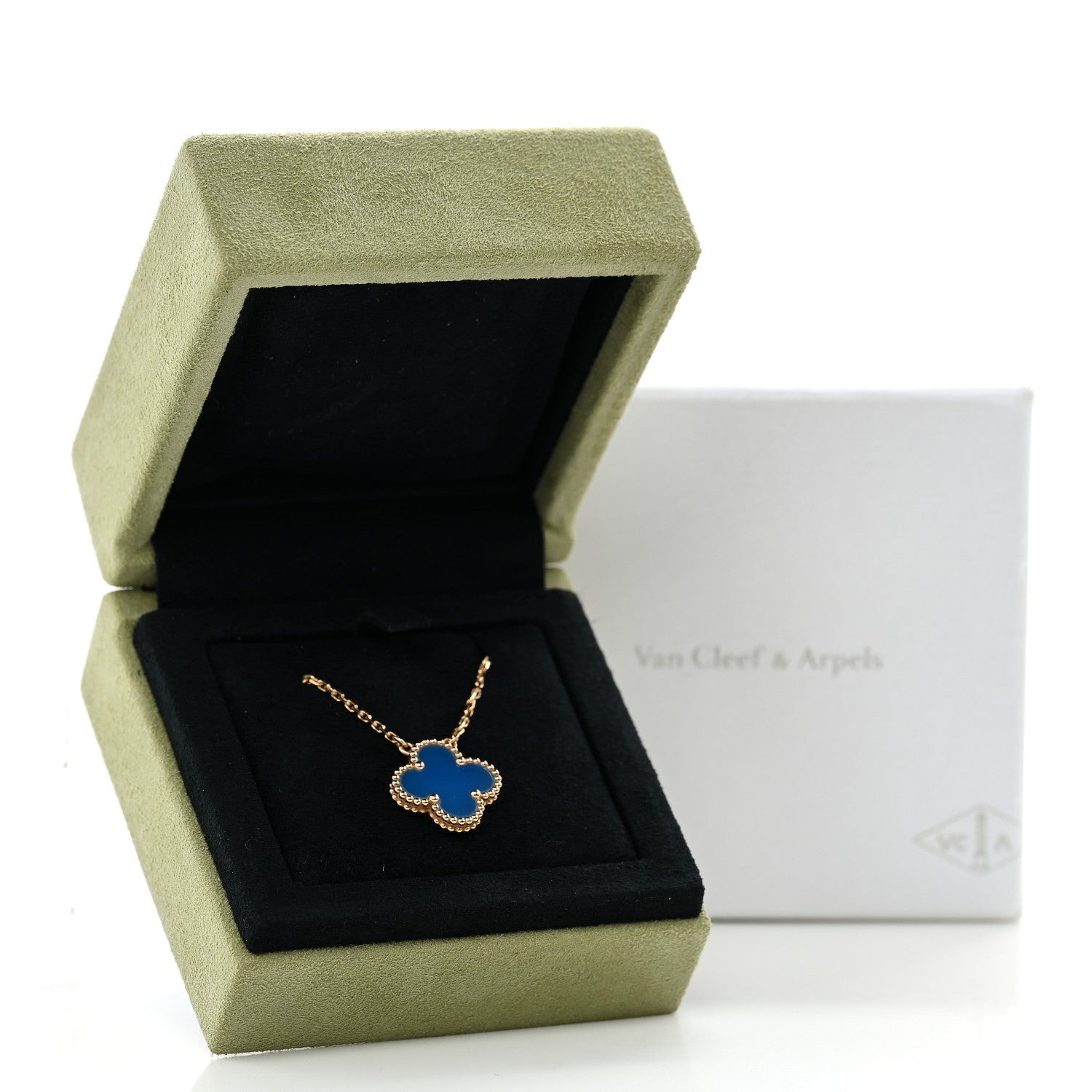 Van Cleef & Arpels 18K Yellow Gold Blue Agate Vintage Alhambra Pendant Necklace 6 of 6