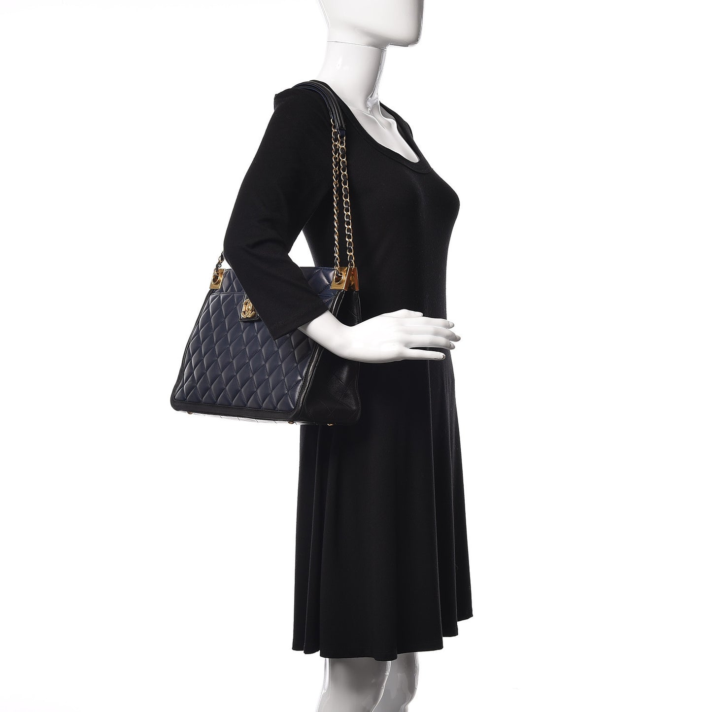 Lambskin Quilted Elegant CC Shopping Tote Navy Black