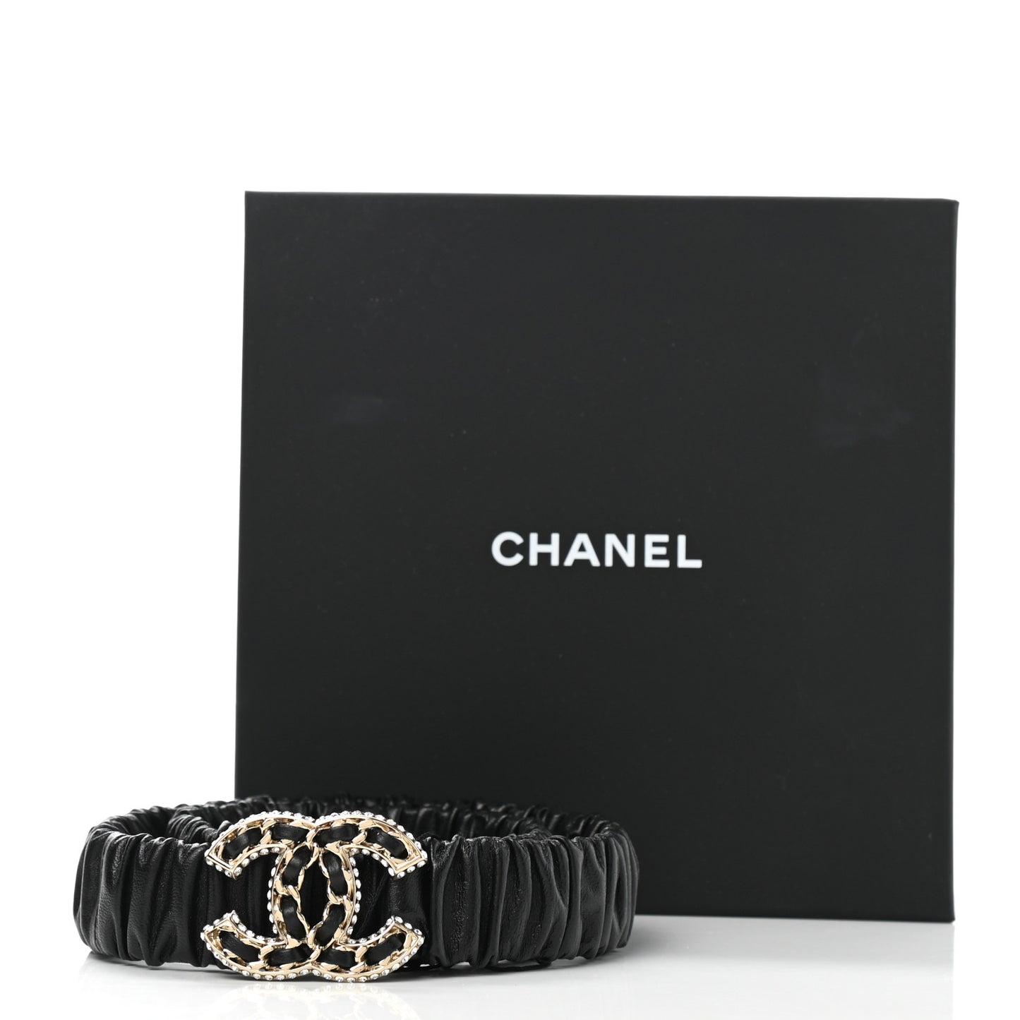 Lambskin Metal Strass Ruched Chain CC Belt 75 30 Black
