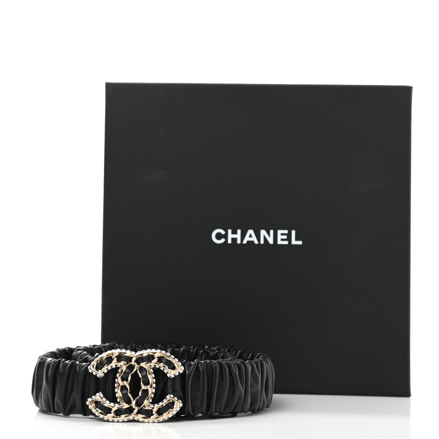 Chanel Lambskin Metal Strass Ruched Chain CC Belt 75 30 Black 6 of 6