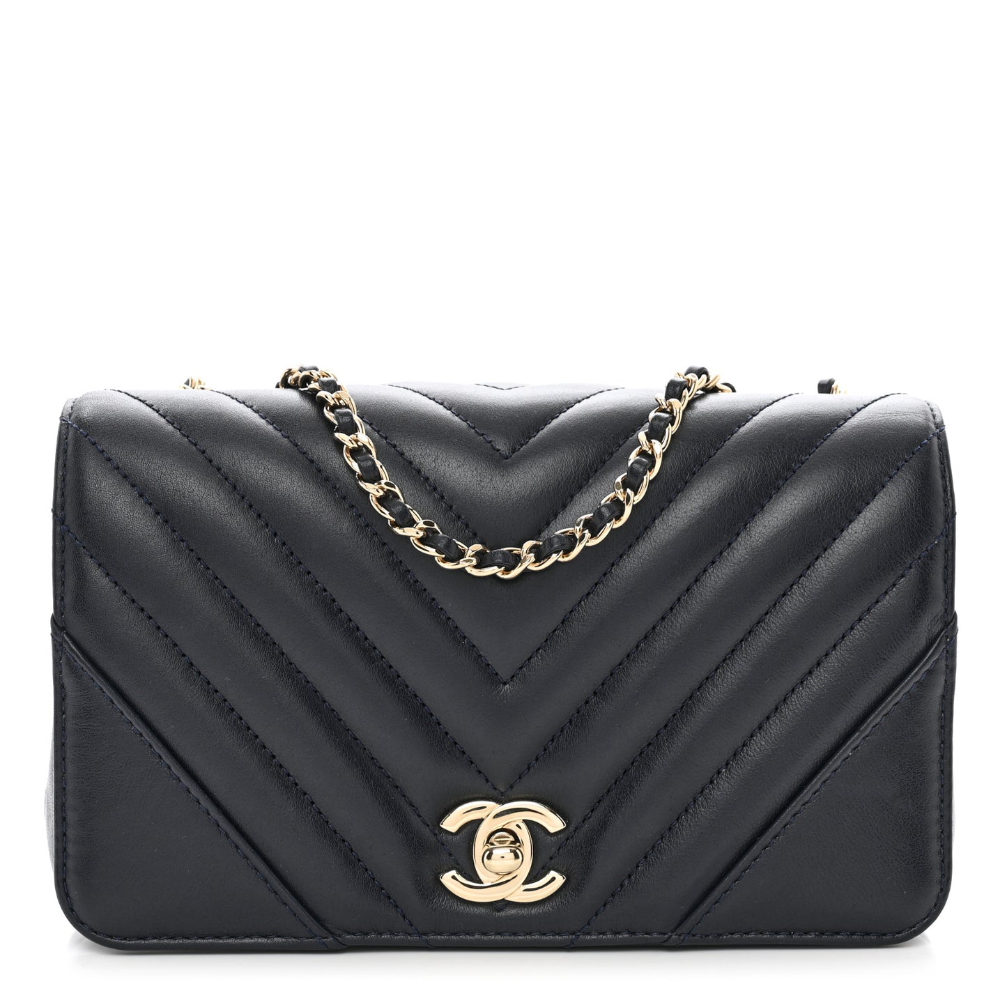Calfskin Chevron Quilted Mini Statement Flap Navy Blue