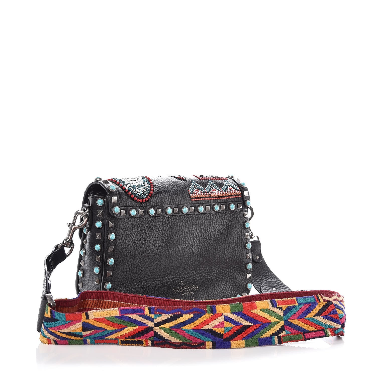 Valentino Garavani Calfskin Patch Beaded Medium Guitar Strap Rockstud Rolling Flap Saddle Bag Black 3 of 8