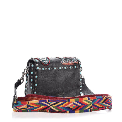 Valentino Garavani Calfskin Patch Beaded Medium Guitar Strap Rockstud Rolling Flap Saddle Bag Black 3 of 8
