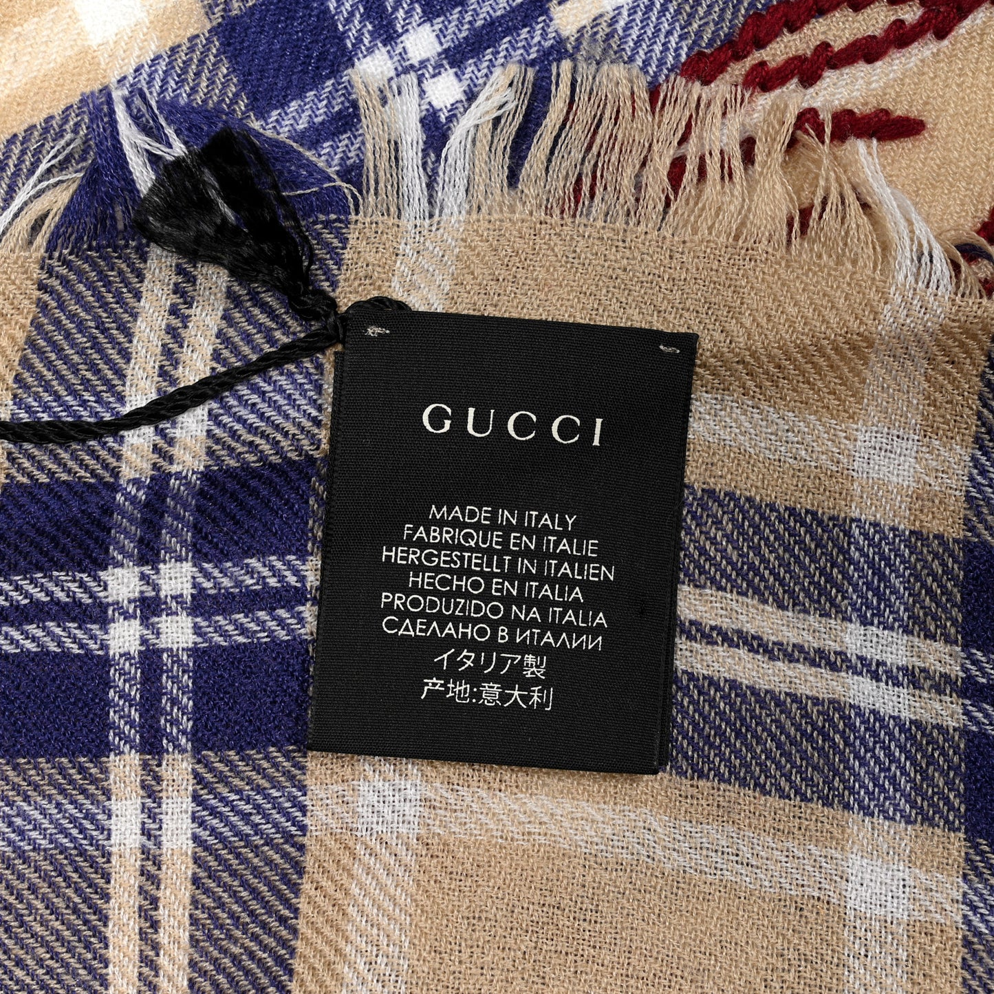Wool Silk Check Scarf Beige Blue