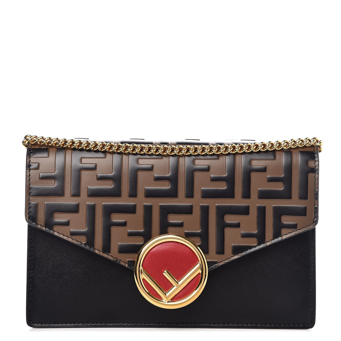 Vitello Liberty F is Fendi Bi-Color FF 1974 Embossed Medium Envelope Wallet On Chain Black Maya