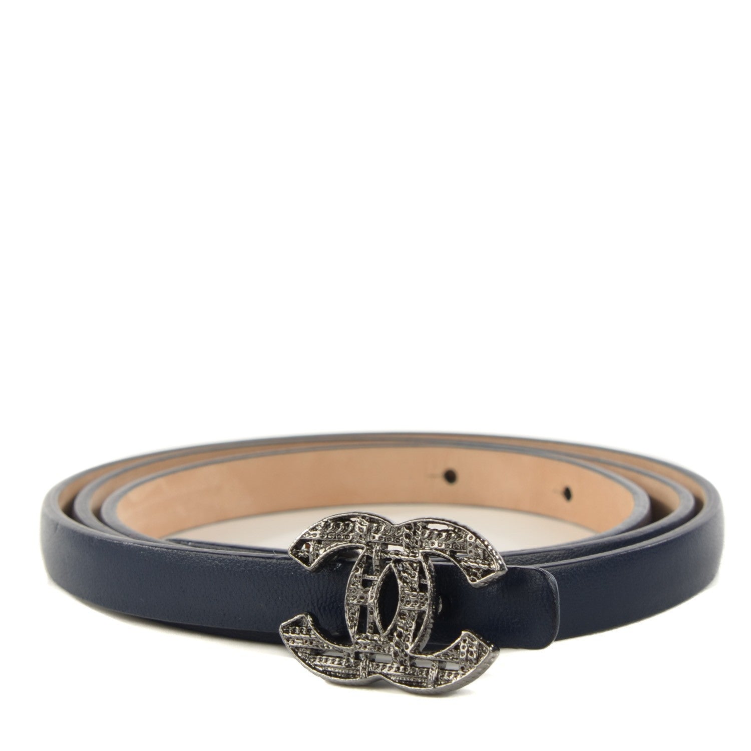 Chanel Leather CC Logo Skinny Belt 80 32 Navy Blue 1 of 12