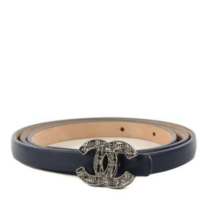 Chanel Leather CC Logo Skinny Belt 80 32 Navy Blue 1 of 12