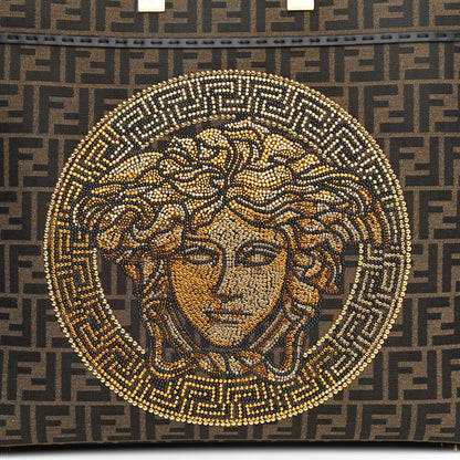 Fendi X VERSACE Fabric Jacquard Calfskin Plexiglass Fendace FF Medusa Studded Large Fendi Sunshine Shopper Tote Marrone Fuxia 8 of 10