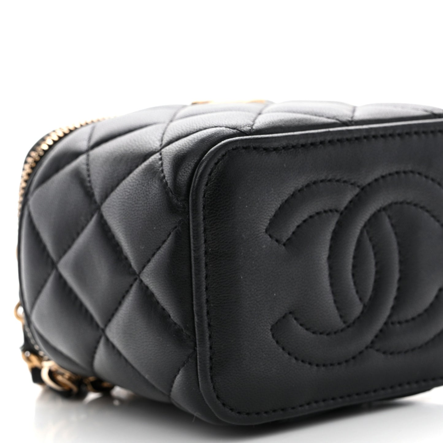 Lambskin Quilted Metal Mini Top Handle Vanity Case With Chain Black