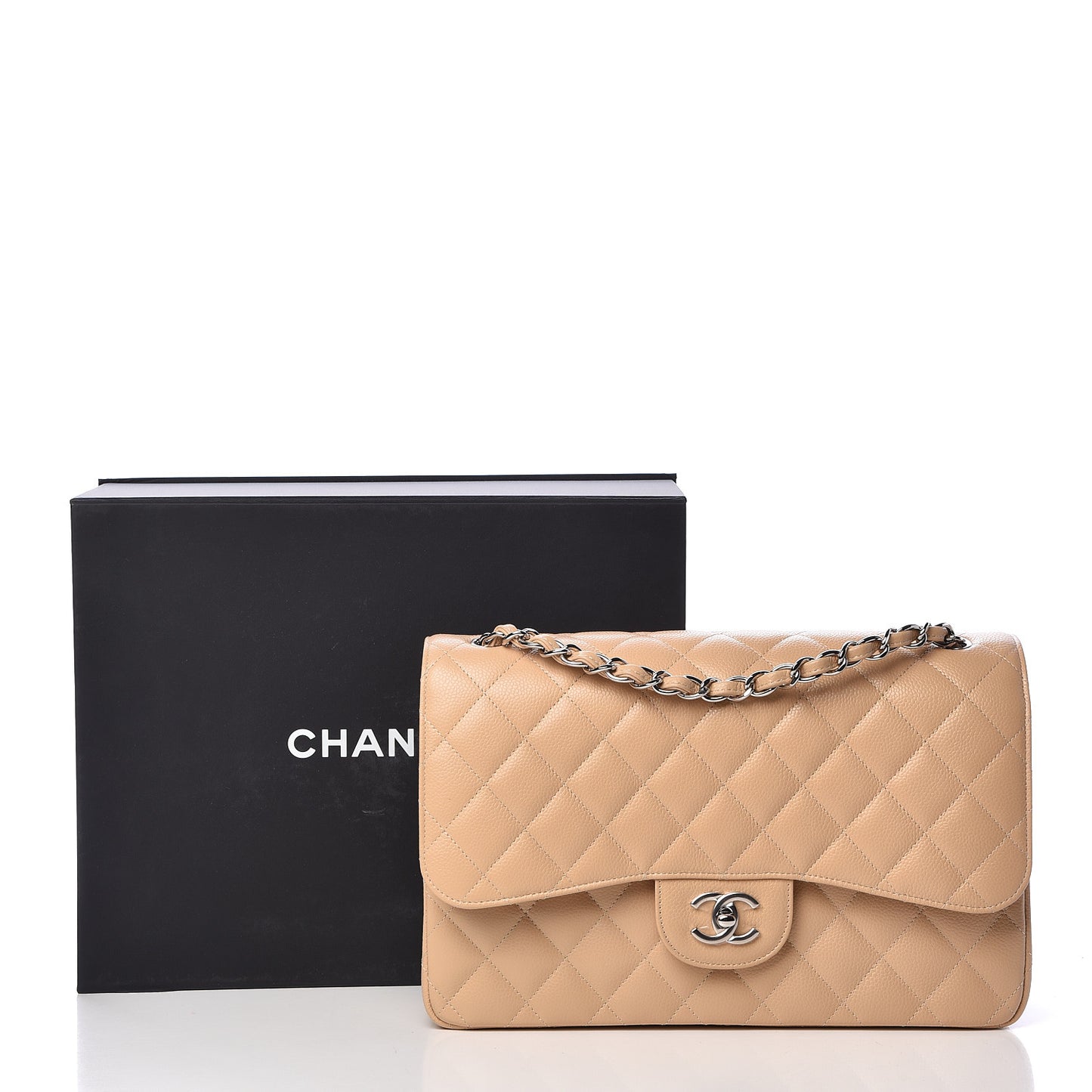 Caviar Quilted Jumbo Double Flap Beige Clair