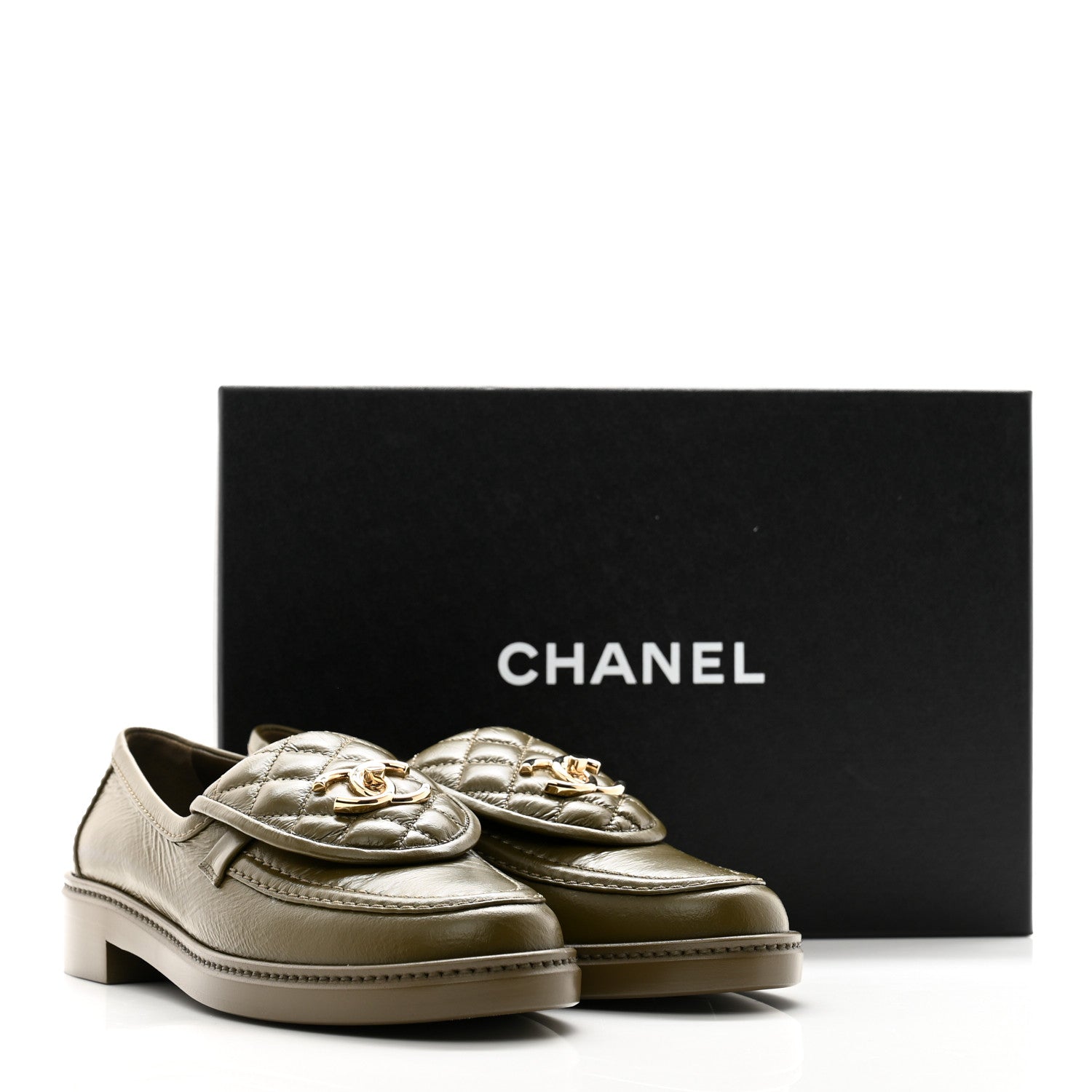 Chanel Shiny Crumpled Lambskin Quilted CC Turnlock Moccasins 38 Khaki 10 of 10