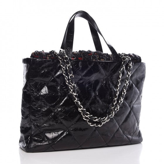 Glazed Calfskin Quilted Tweed Portobello Tote Black Red