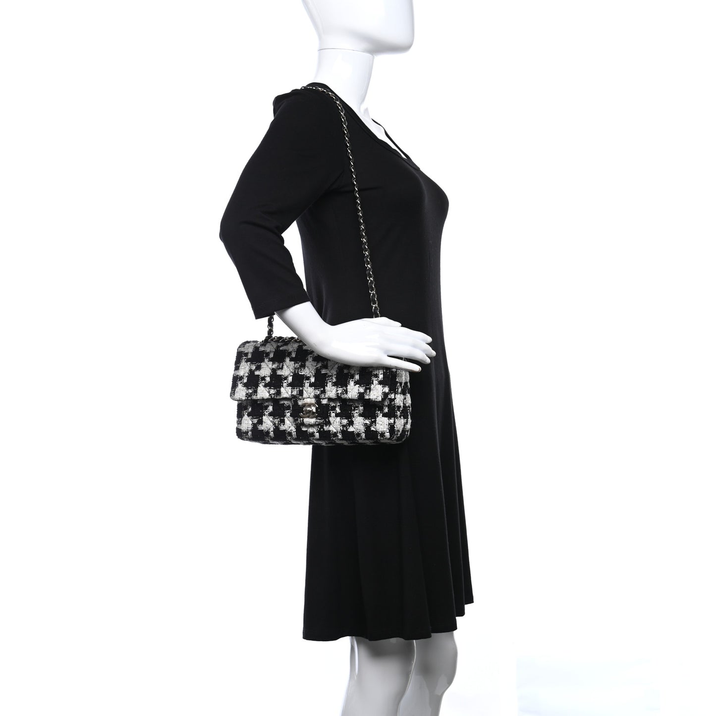 Tweed Quilted Medium Double Flap Black Ecru White