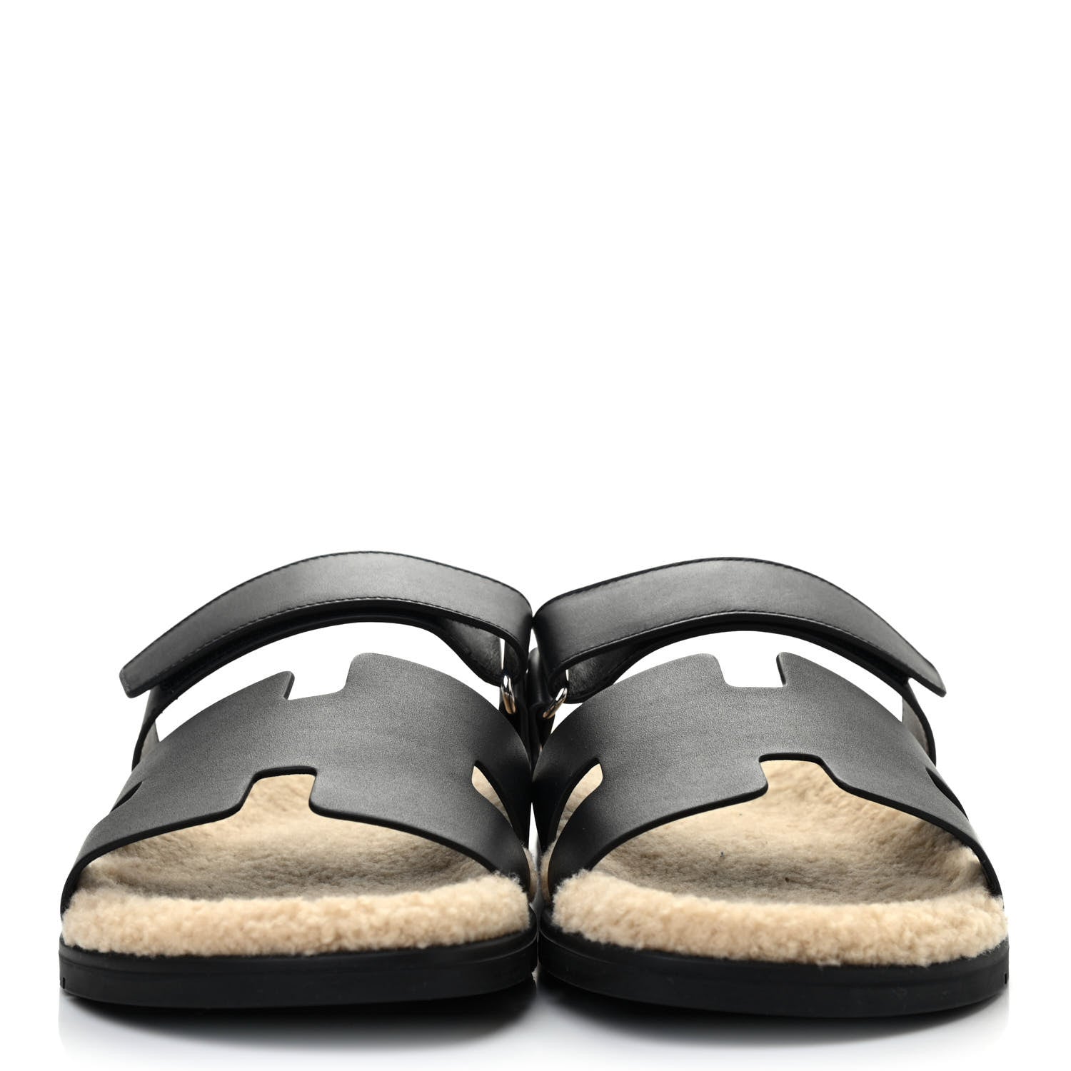 Hermes Calfskin Woolskin Mens Chypre Sandals 46 Black Ecru 2 of 9