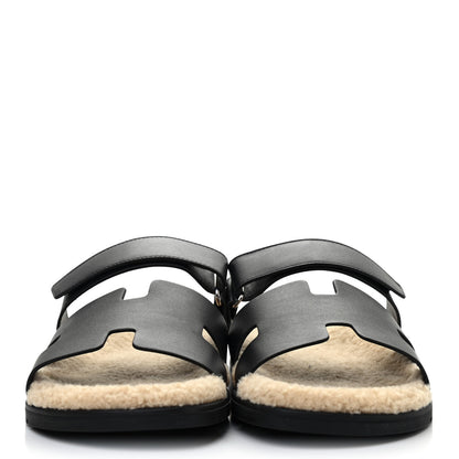 Hermes Calfskin Woolskin Mens Chypre Sandals 46 Black Ecru 2 of 9