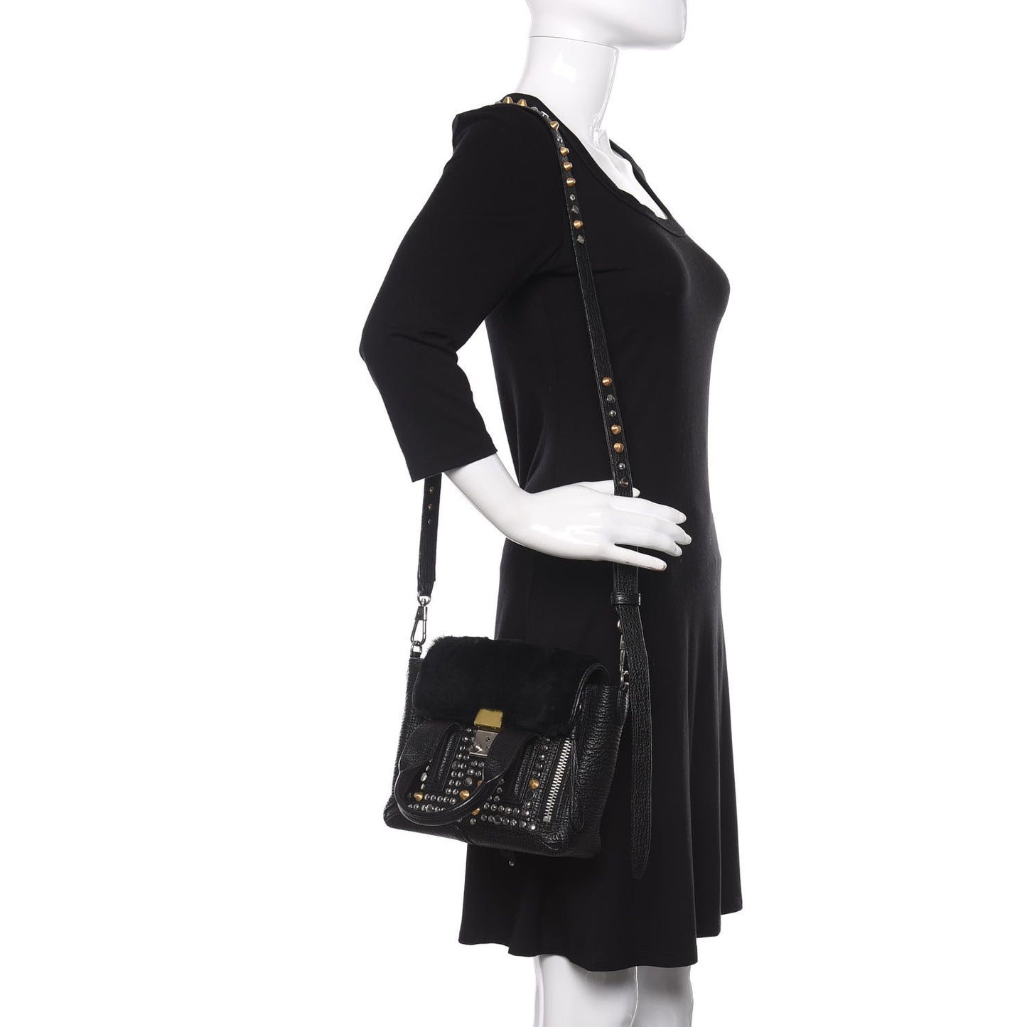 3.1 Textured Calfskin Shearling Studded Mini Pashli Satchel Black