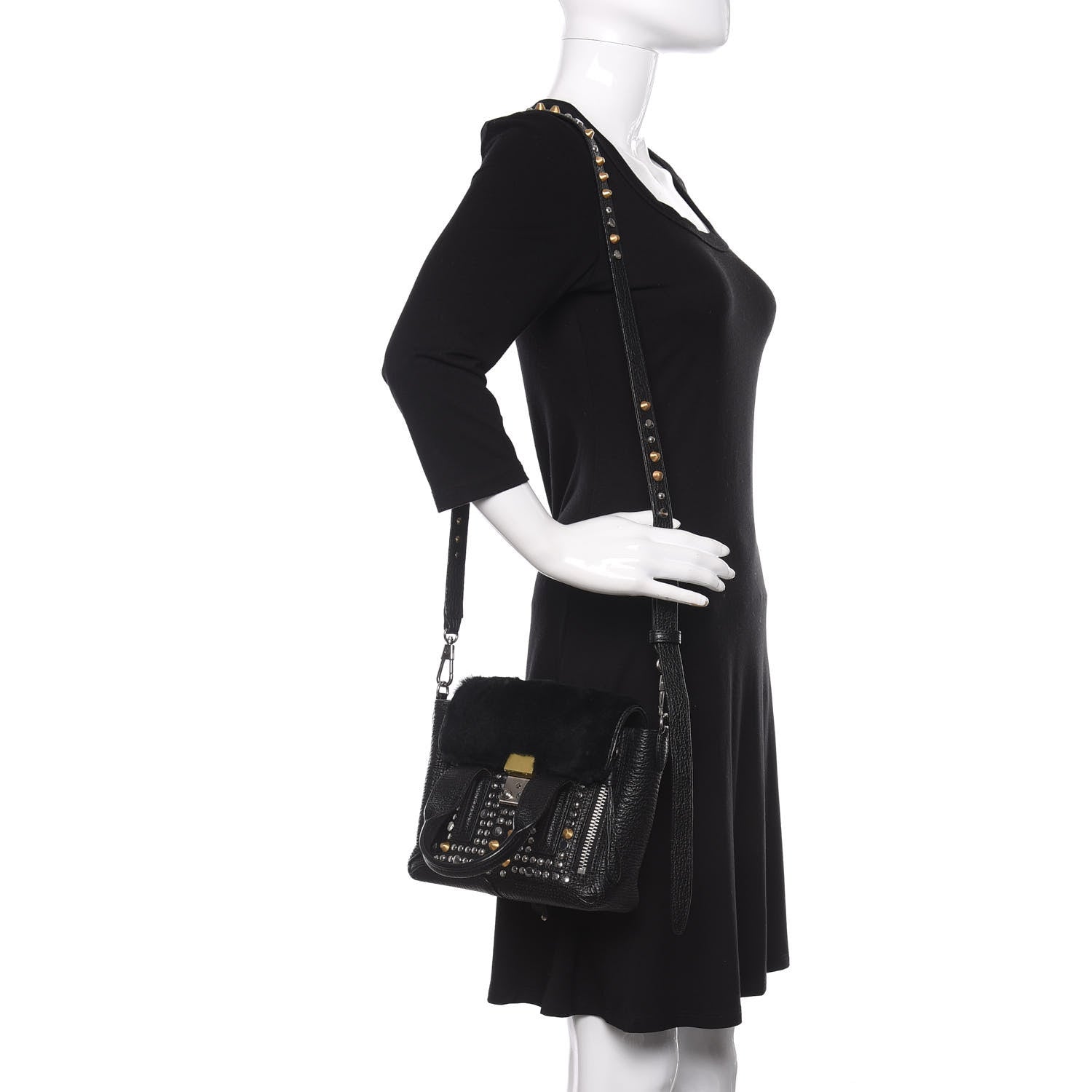 3.1 Phillip Lim 3.1 Textured Calfskin Shearling Studded Mini Pashli Satchel Black 2 of 8