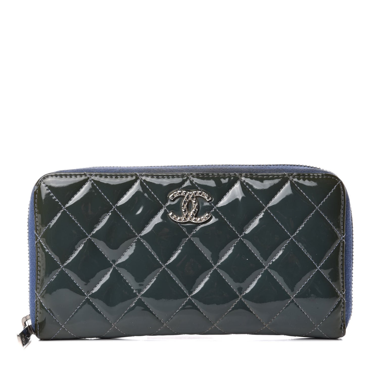 Patent Quilted Brilliant Zip Around Wallet Blue