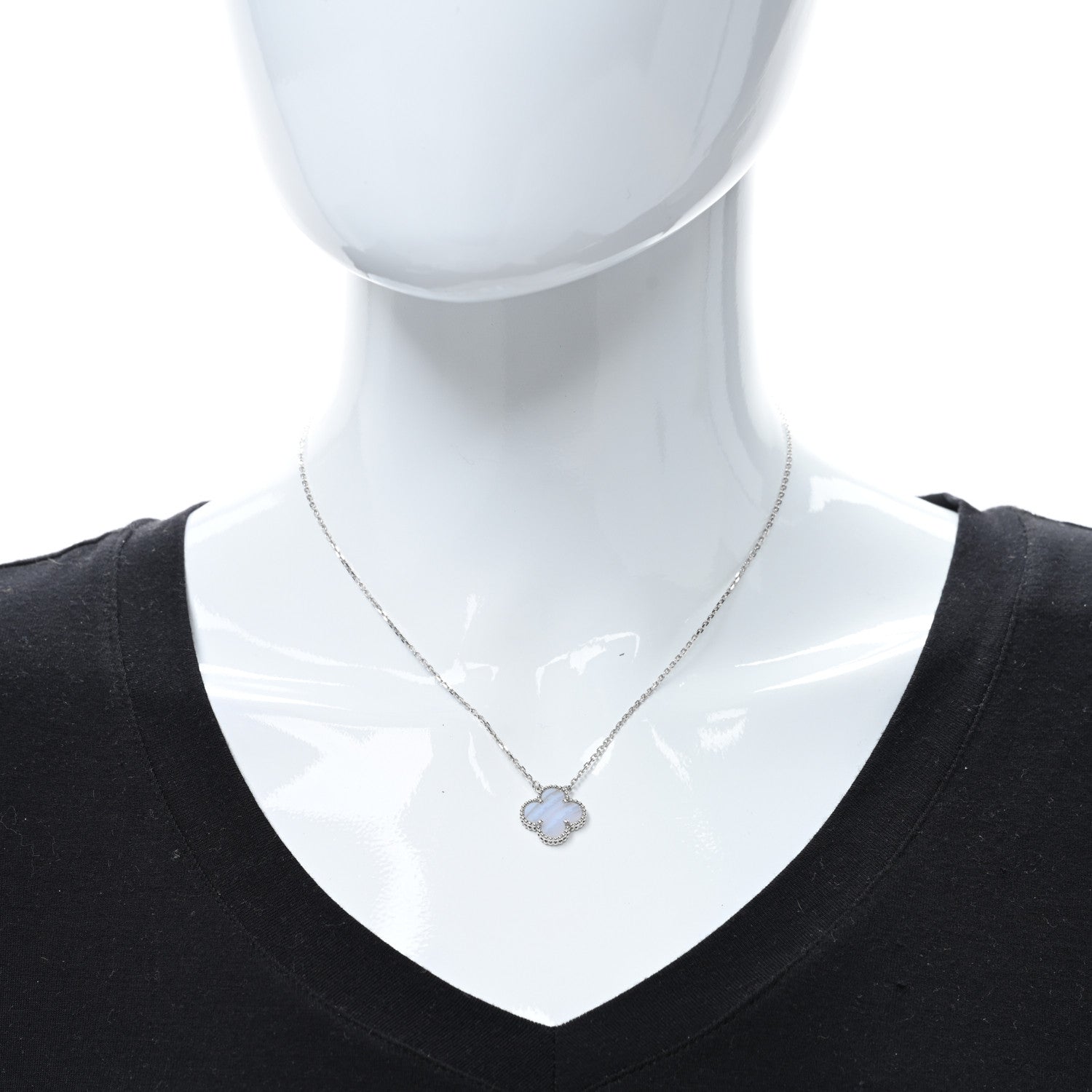 Van Cleef & Arpels 18k White Gold Chalcedony Vintage Alhambra Pendant Necklace 2 of 5