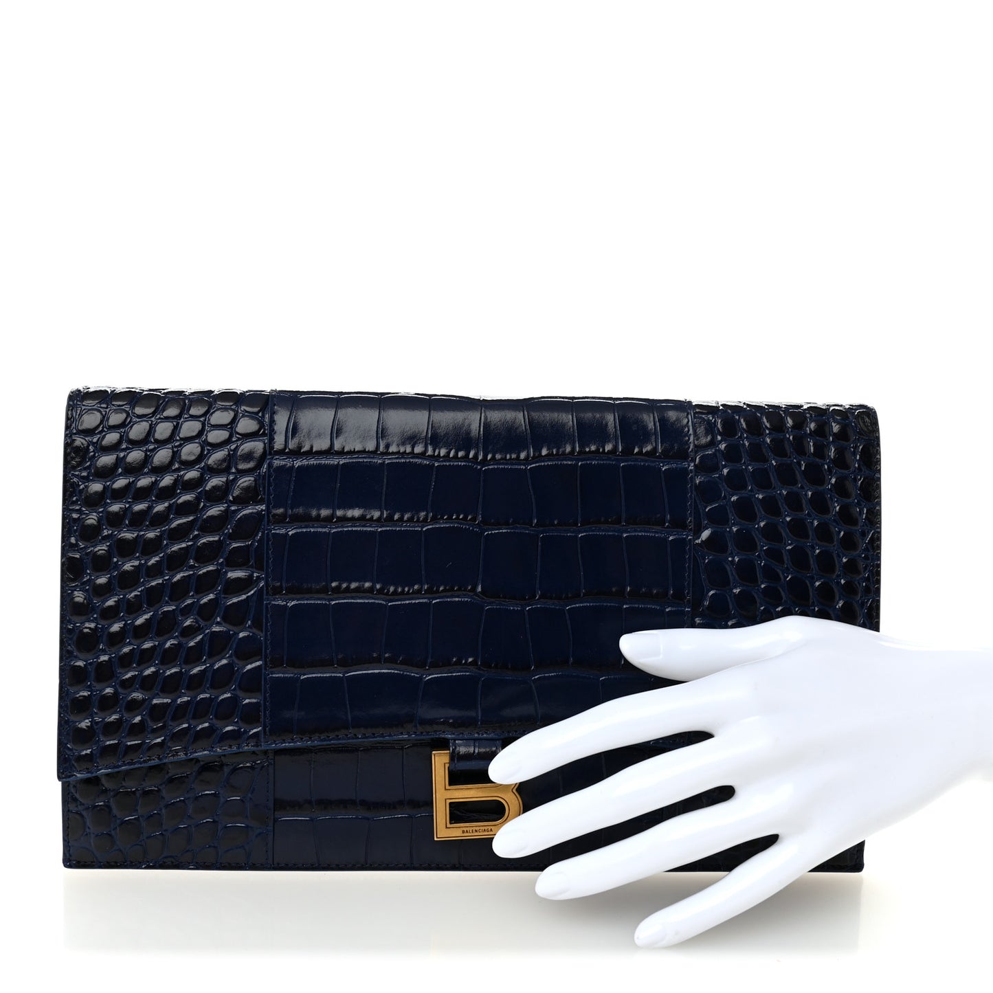 Shiny Calfskin Crocodile Embossed Hourglass Flap Flat Pouch Navy Blue