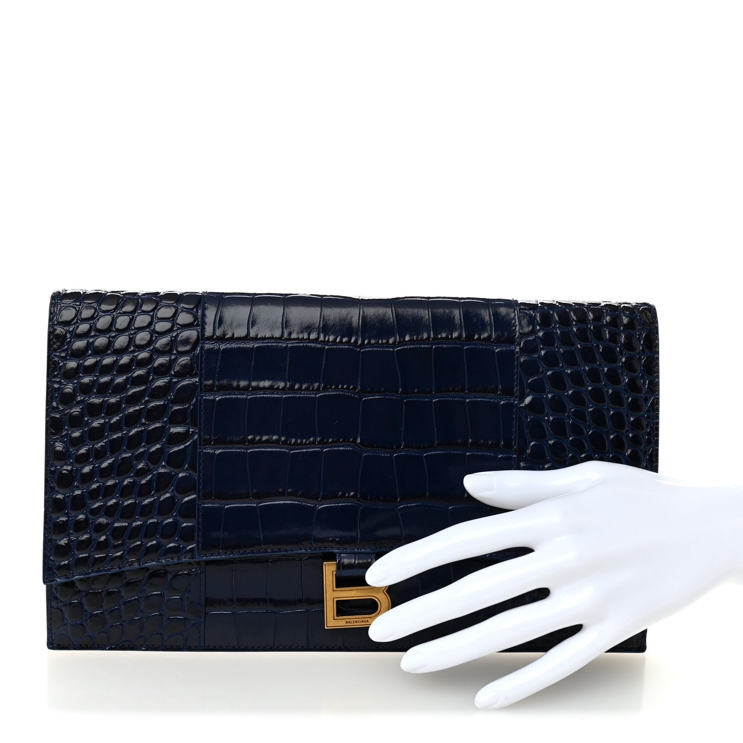 Balenciaga Shiny Calfskin Crocodile Embossed Hourglass Flap Flat Pouch Navy Blue 2 of 7