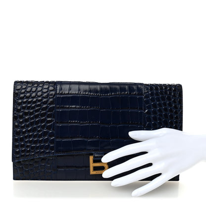 Balenciaga Shiny Calfskin Crocodile Embossed Hourglass Flap Flat Pouch Navy Blue 2 of 7