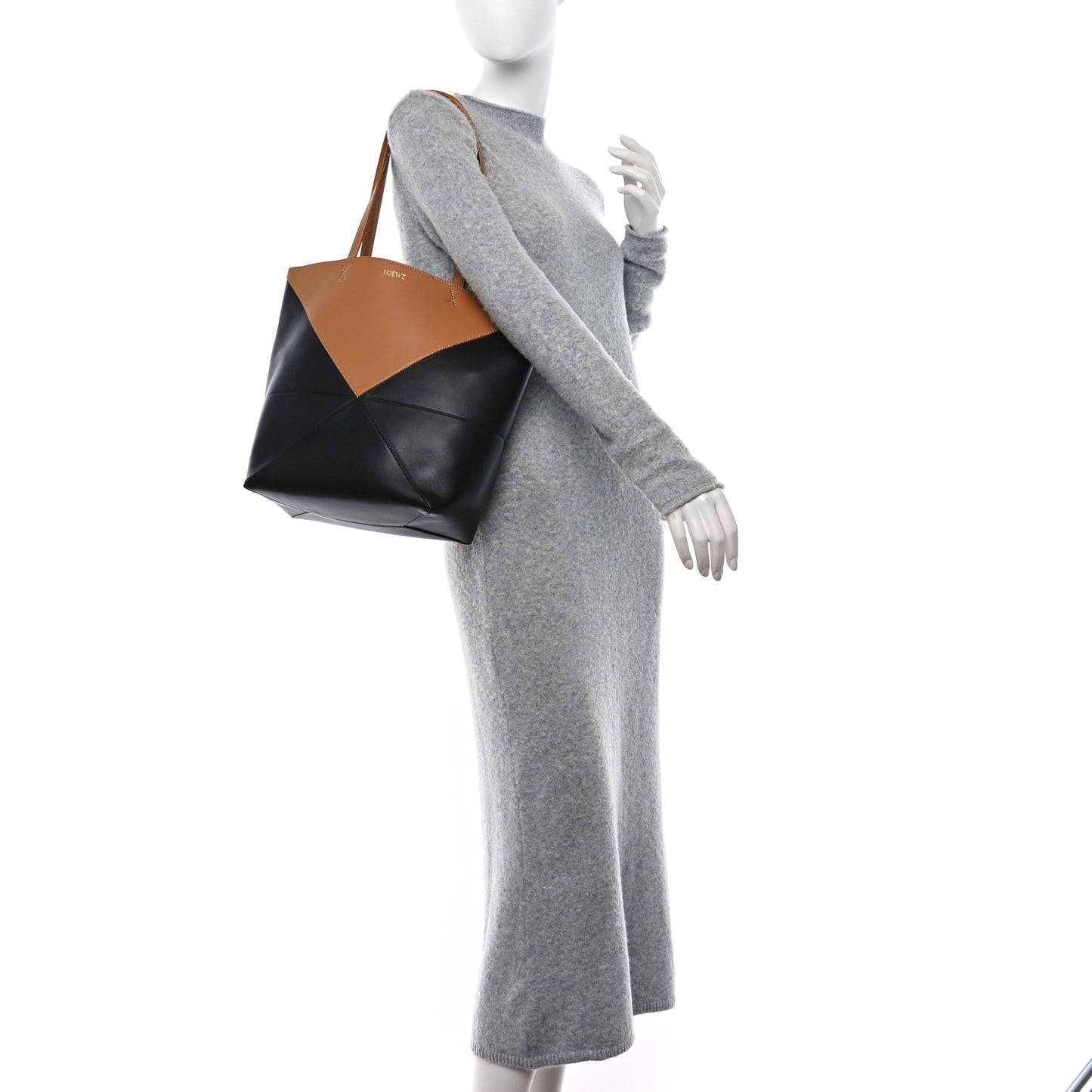 Shiny Calfskin Medium Puzzle Fold Tote Warm Desert Black