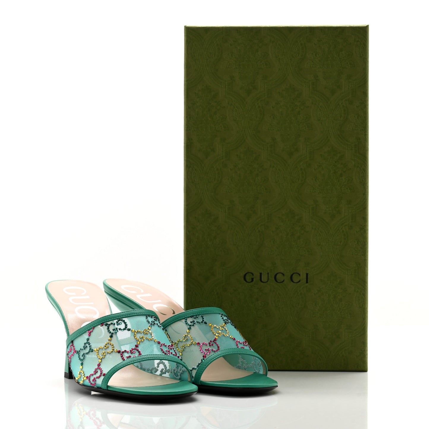Tela Retino Nappa Crystal GG Monogram Square G 95mm Slide Sandals 37 Turquoise