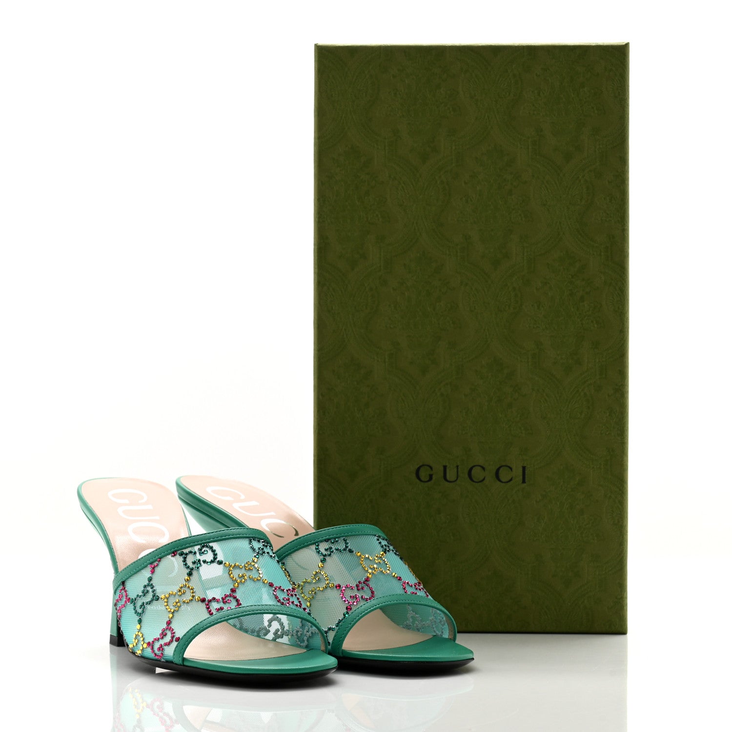 Gucci Tela Retino Nappa Crystal GG Monogram Square G 95mm Slide Sandals 37 Turquoise 9 of 9