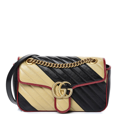 Gucci Vintage Effect Calfskin Matelasse Diagonal Striped Small Torchon GG Marmont Shoulder Bag Black Beige 1 of 9