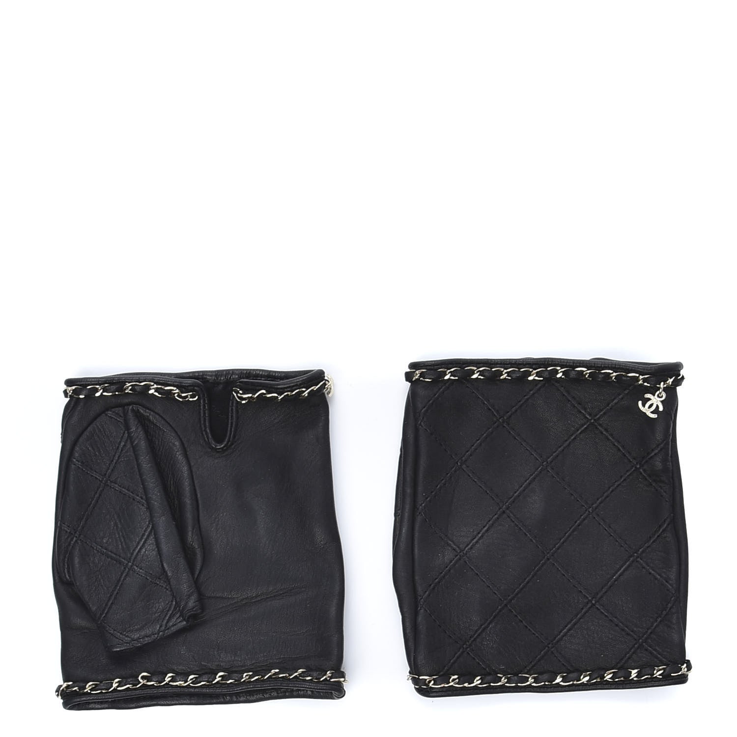 Chanel Lambskin Fingerless Chain CC Gloves 7.5 Black 1 of 6