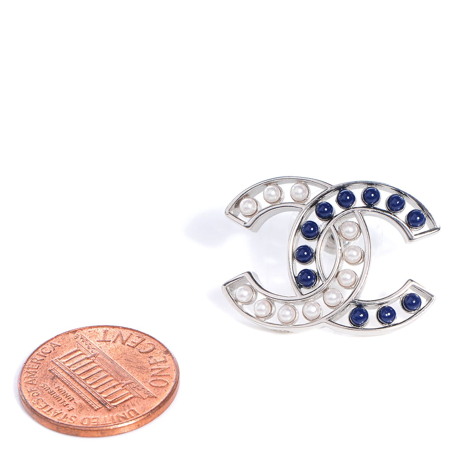 Pearl Beaded CC Earrings Silver White Blue